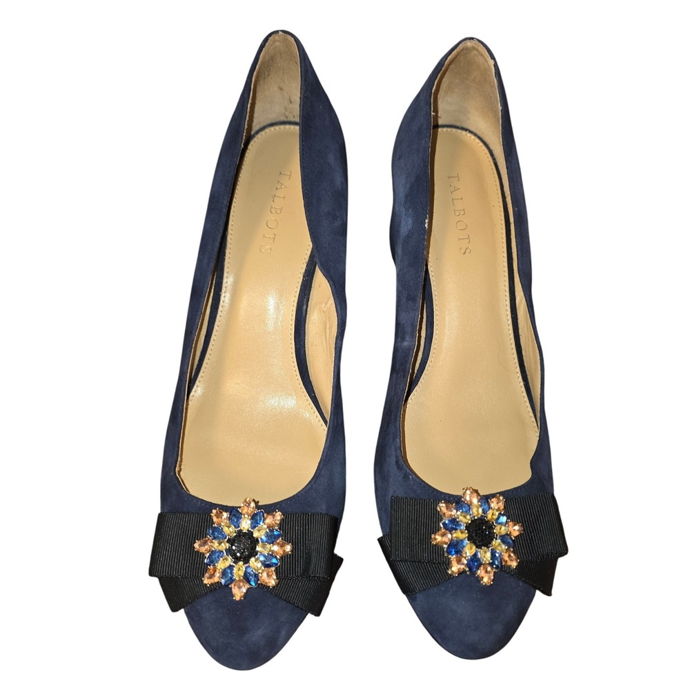 Talbots Blue Suede Pumps 10.5 Jeweled Brooch Bow Accent Special Occasion 3"Heels